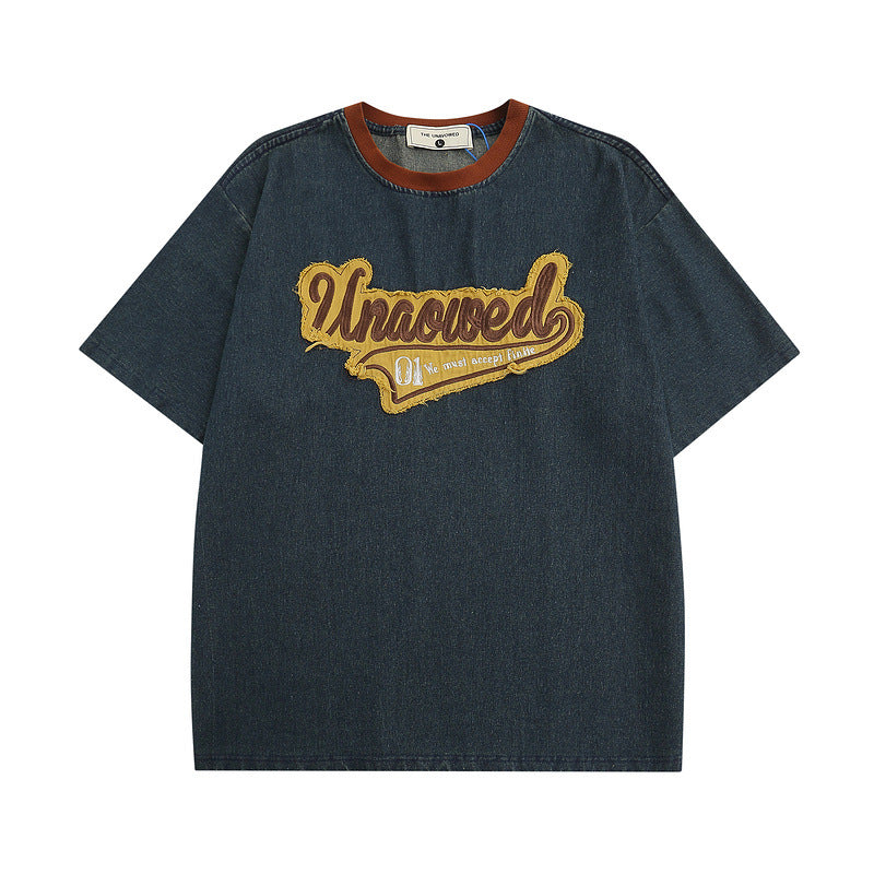 Men T-shirt Retro Street Embroidered Short-Sleeved T-shirt