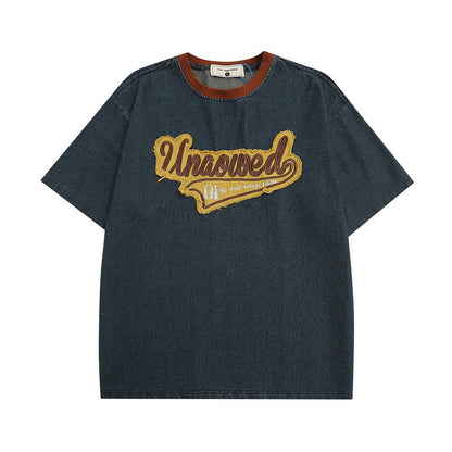 Men T-shirt Retro Street Embroidered Short-Sleeved T-shirt