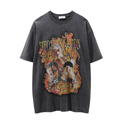 Men Vintage T-Shirt Printed Short-Sleeved T-shirt Men's Ins Washed Distressed T-shirt Summer Loose
