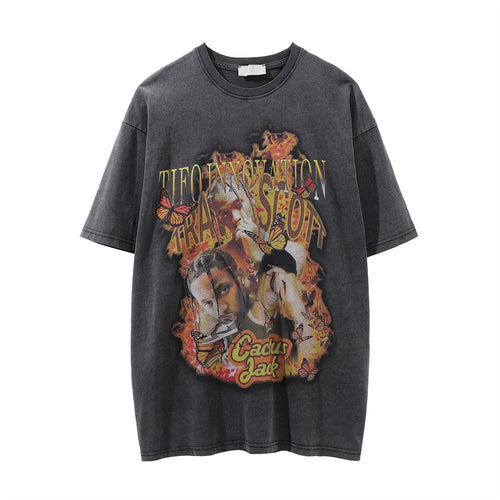 Men Vintage T-Shirt Printed Short-Sleeved T-shirt Men's Ins Washed Distressed T-shirt Summer Loose