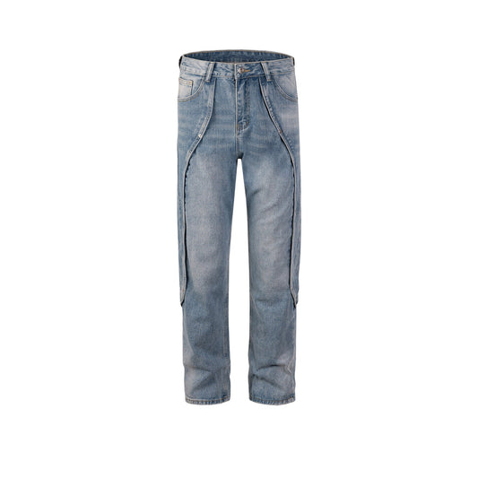 MIJKO Men's Vintage Pants Splicing trousers Men's and women's washing water slim-fit straight jeans