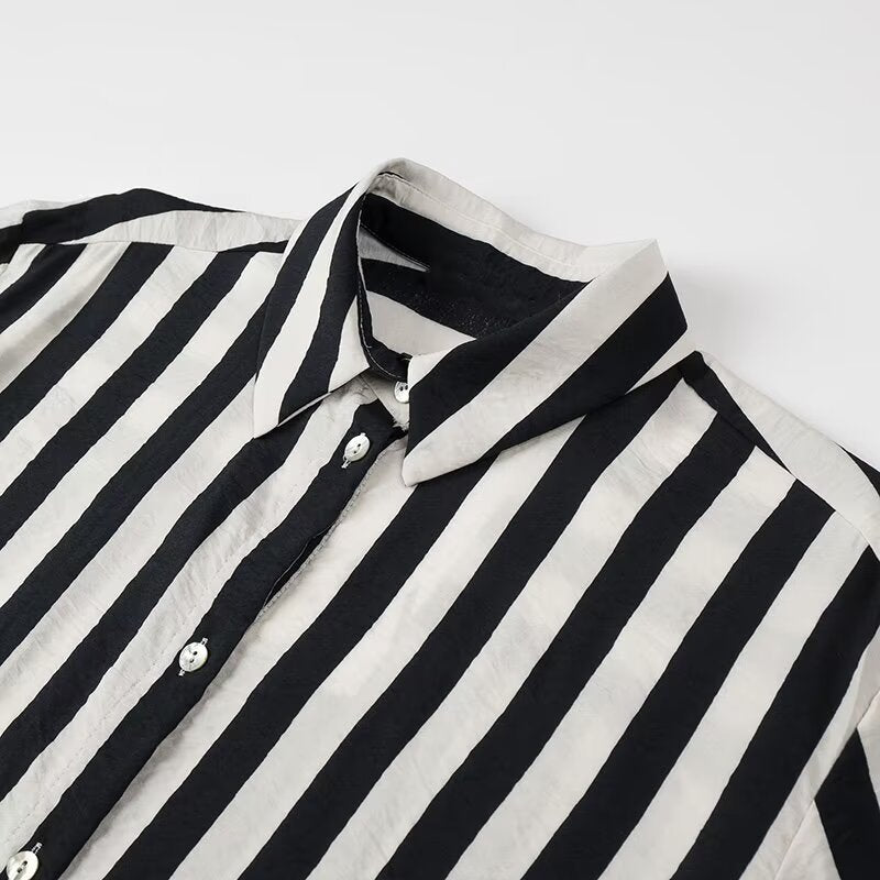 Women Tops Summer Striped Shirt Single-Breasted Mid-Length Top
