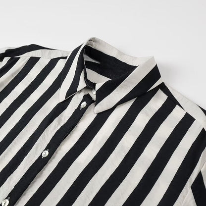 Women Tops Summer Striped Shirt Single-Breasted Mid-Length Top