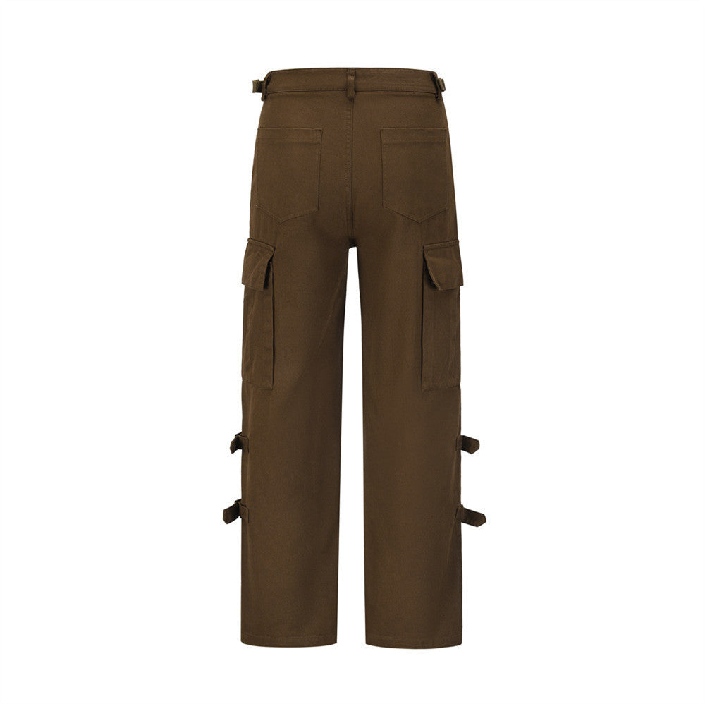 Men Sweatpants Vintage Large Pocket Overalls Loose Casual Straight-Leg Wide Leg Pants Trousers