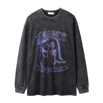 Men Long Sleeve T-shirt Abstract Printing Rock Washed Distressed T-shirt