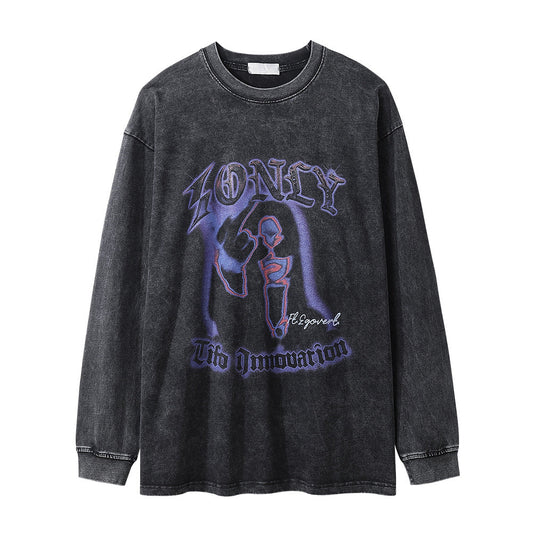 Men Long Sleeve T-shirt Abstract Printing Rock Washed Distressed T-shirt