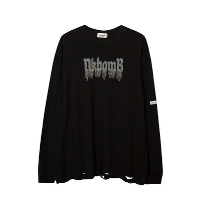 Men Long Sleeve T-Shirt Embedded Diamond Loose Cut Ripped