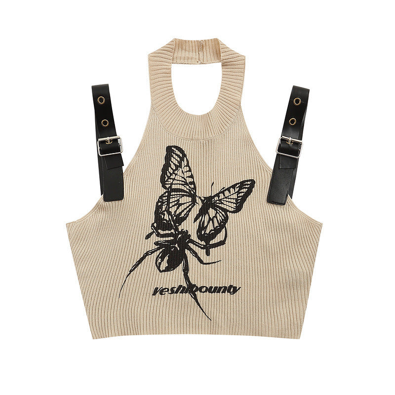 Women Vest Summer Sweet Cool Butterfly Print Halterneck Vest