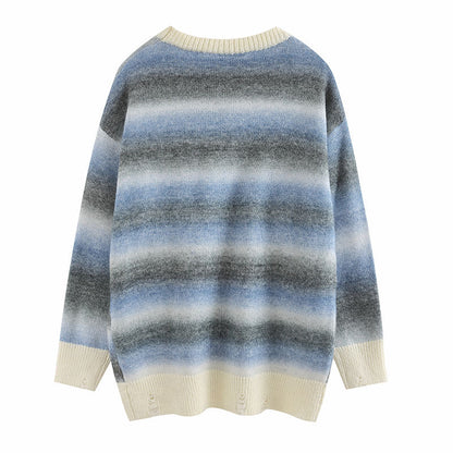 Women Sweater Gradient Color Striped Knitted All-Matching Sweater