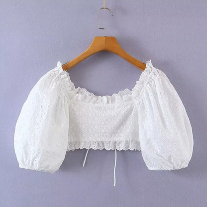 Women Tops Summer Puff Sleeve Sexy Lace Top Shirt