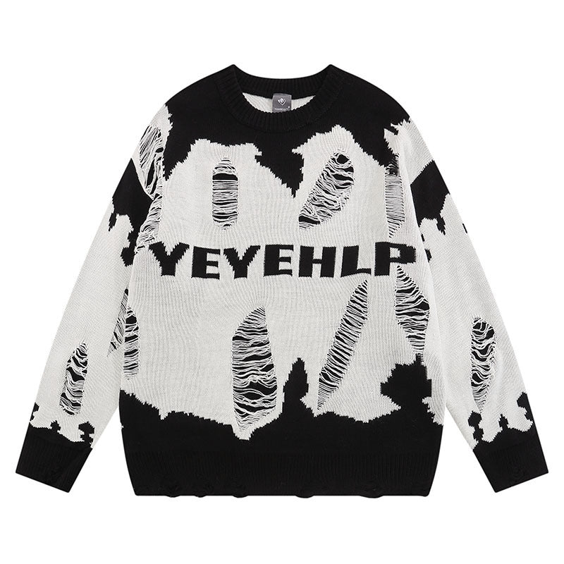 Women Sweater Retro Tattered Jeans Contrast Color Knitted Sweater