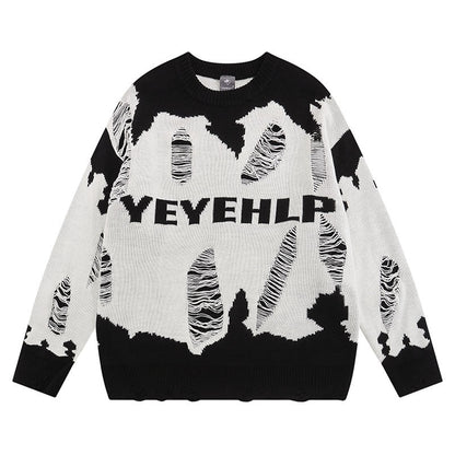 Women Sweater Retro Tattered Jeans Contrast Color Knitted Sweater
