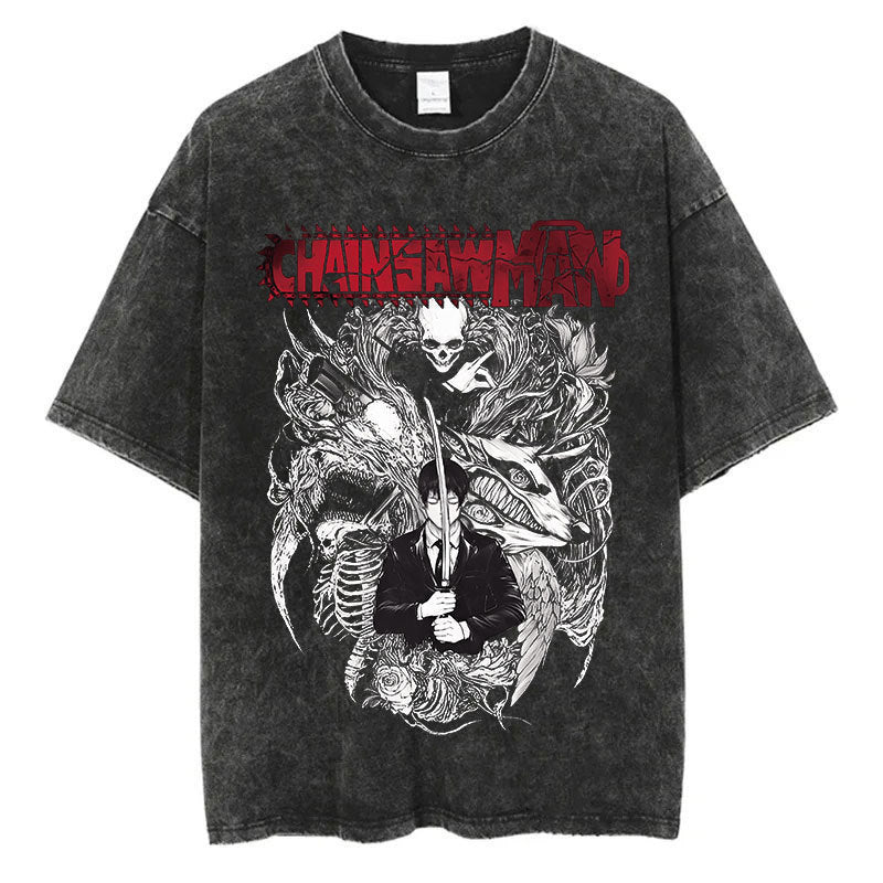 Anime Chainsaw Men Washed Tshirt Retro Hip Hop Streetwear