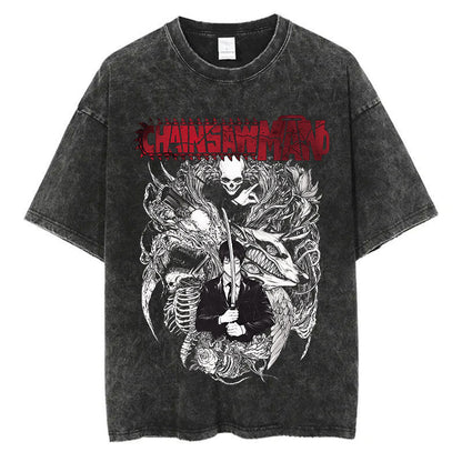 Anime Chainsaw Men Washed Tshirt Retro Hip Hop Streetwear