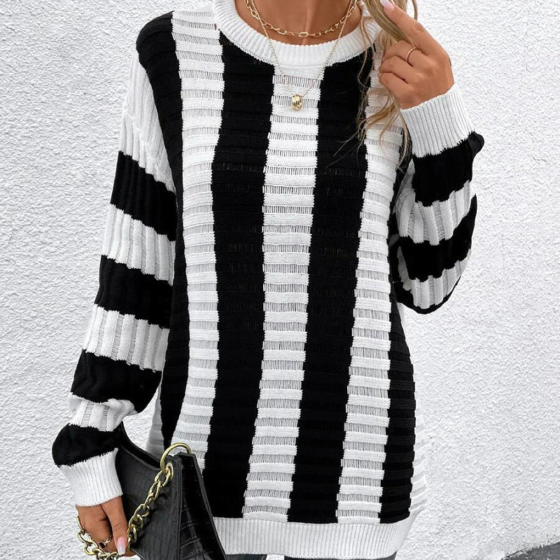 Women Knitted Sweater Spring Loose Sweater Striped Hollow out Long Sleeve Sweater Jacket
