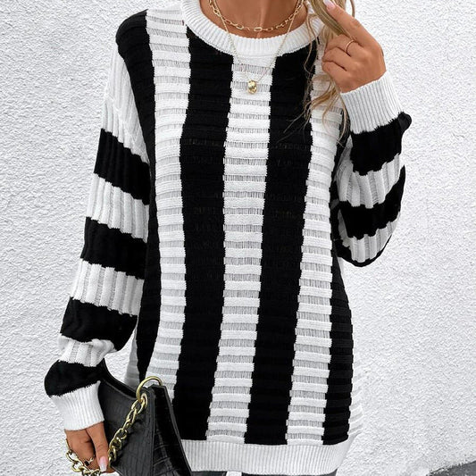 Women Knitted Sweater Spring Loose Sweater Striped Hollow out Long Sleeve Sweater Jacket