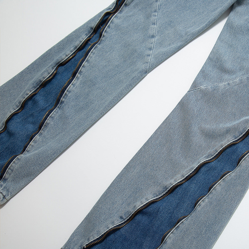Men Jeans Zipper Personality Wide Leg Slightly Flared