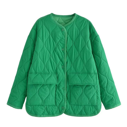 Women Cotton Coat Fashion Collarless Diamond Lattice Loose