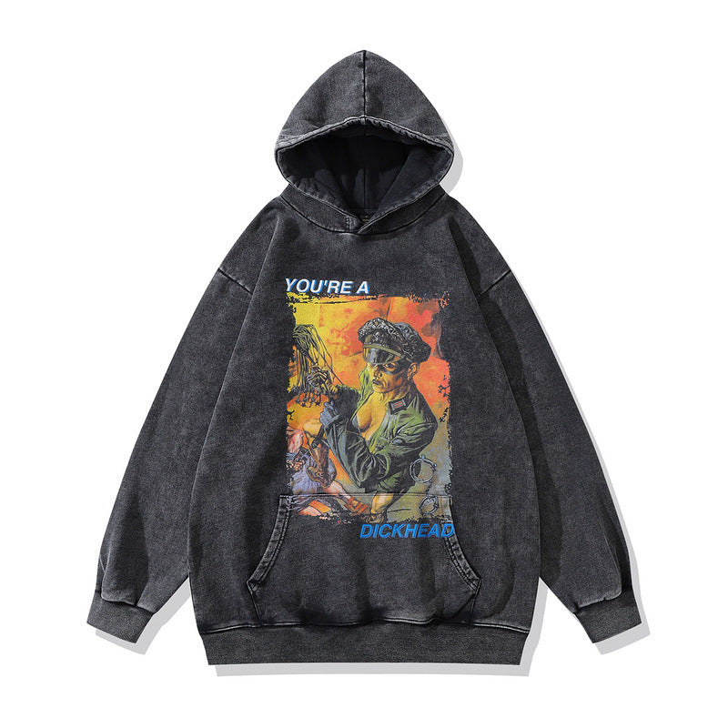 Men Hoodie Washed Cartoon Hooded Sweatshirt Men's and Women's Vintage Top