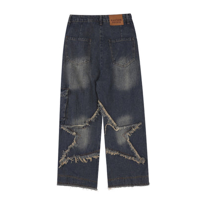 Men Jeans Patch Five-Pointed Star Straight Cat Raw-Cut Edges Loose