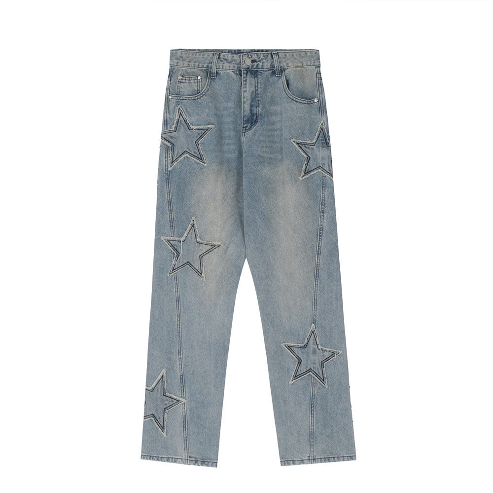 Men Jeans Five-Pointed Star Paste Cloth Embroidery Loose