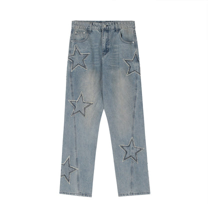 Men Jeans Five-Pointed Star Paste Cloth Embroidery Loose