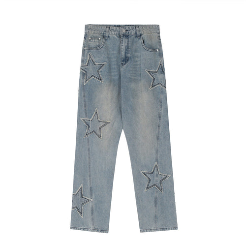 Men Jeans Five-Pointed Star Paste Cloth Embroidery Loose