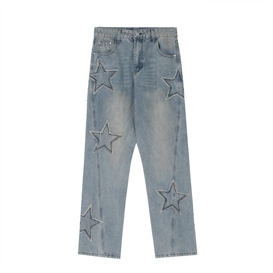 Men Jeans Five-Pointed Star Paste Cloth Embroidery Loose