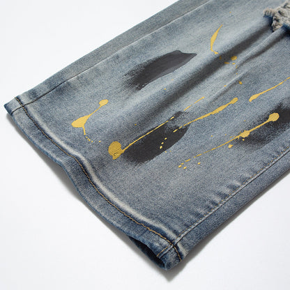 Men Jeans Splash Ink Hole Punk Loose Distressed