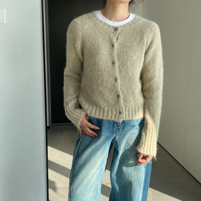 Women Cardigan Sweater Spring Alpaca Fleece/Fiber Cardigan Jacket Long-Sleeved round Neck Sweater Cardigan D2366
