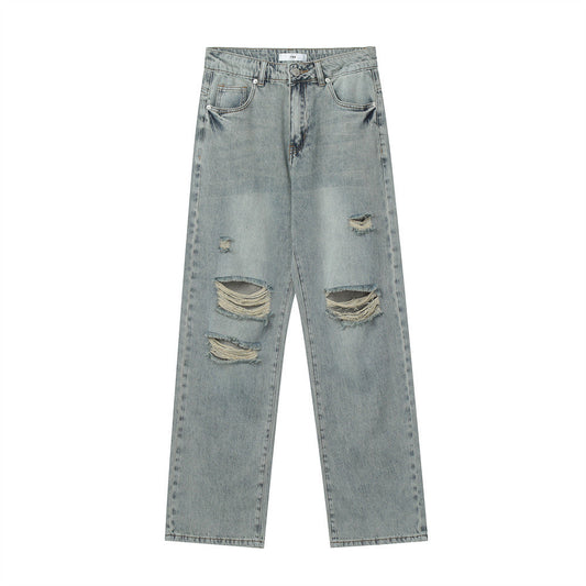 Men Jeans Ripped Distressed Loose Retro Leisure