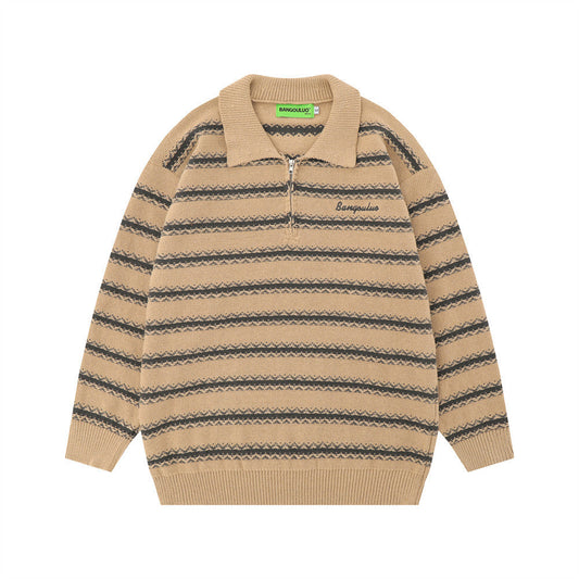 Men Sweater Striped Fur Lapel Clothing Loose Casual