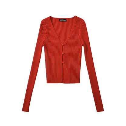 Women Tops Spring/Summer V-neck Hollow Cardigan Solid Color Short Top