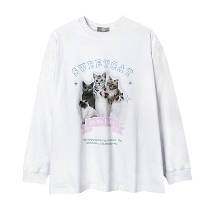 Men Long Sleeve T-Shirt Fun Cat Printing Loose Casual