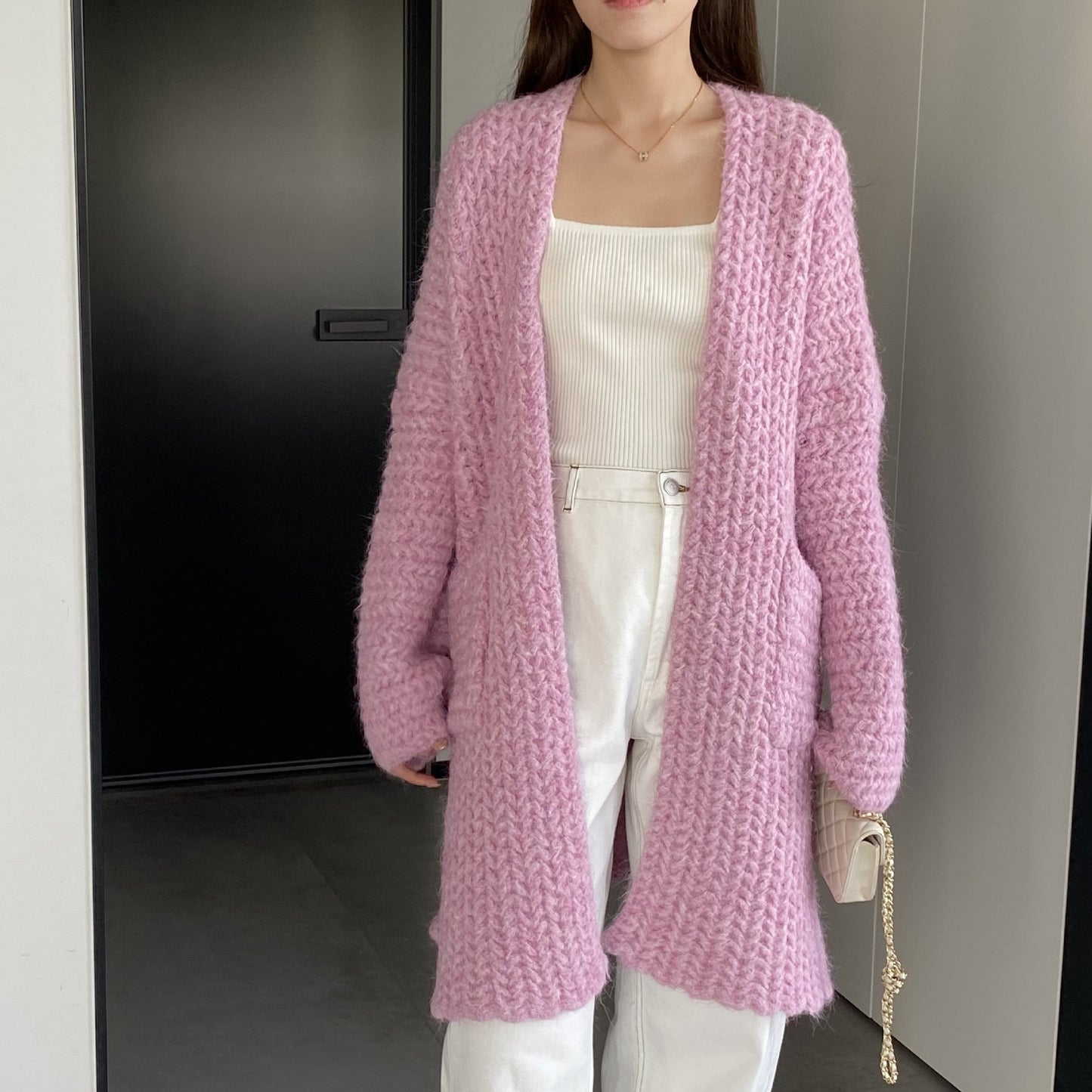 Women Cardigan Sweater Autumn and Winter Loose Pocket Texture Interwoven Long Cardigan Jacket Kc81