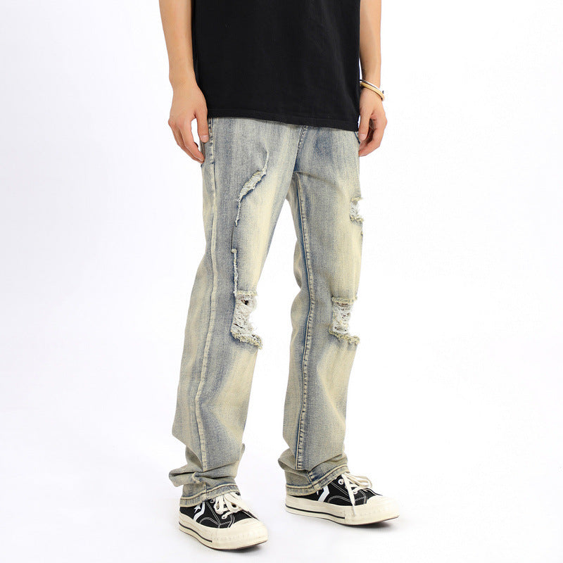 Men Jeans Ripped Jeans for Men and Women Loose Retro Straight-Leg Pants
