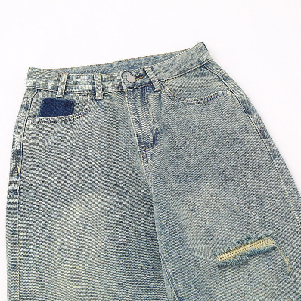 Women Pants Ripped Washed Jeans Straight Wide Leg Pants Loose Trousers