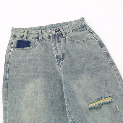 Women Pants Ripped Washed Jeans Straight Wide Leg Pants Loose Trousers