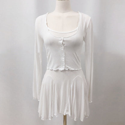 Women Dresses Sling Dress Cardigan Button Jacket Long-Sleeved Skirt
