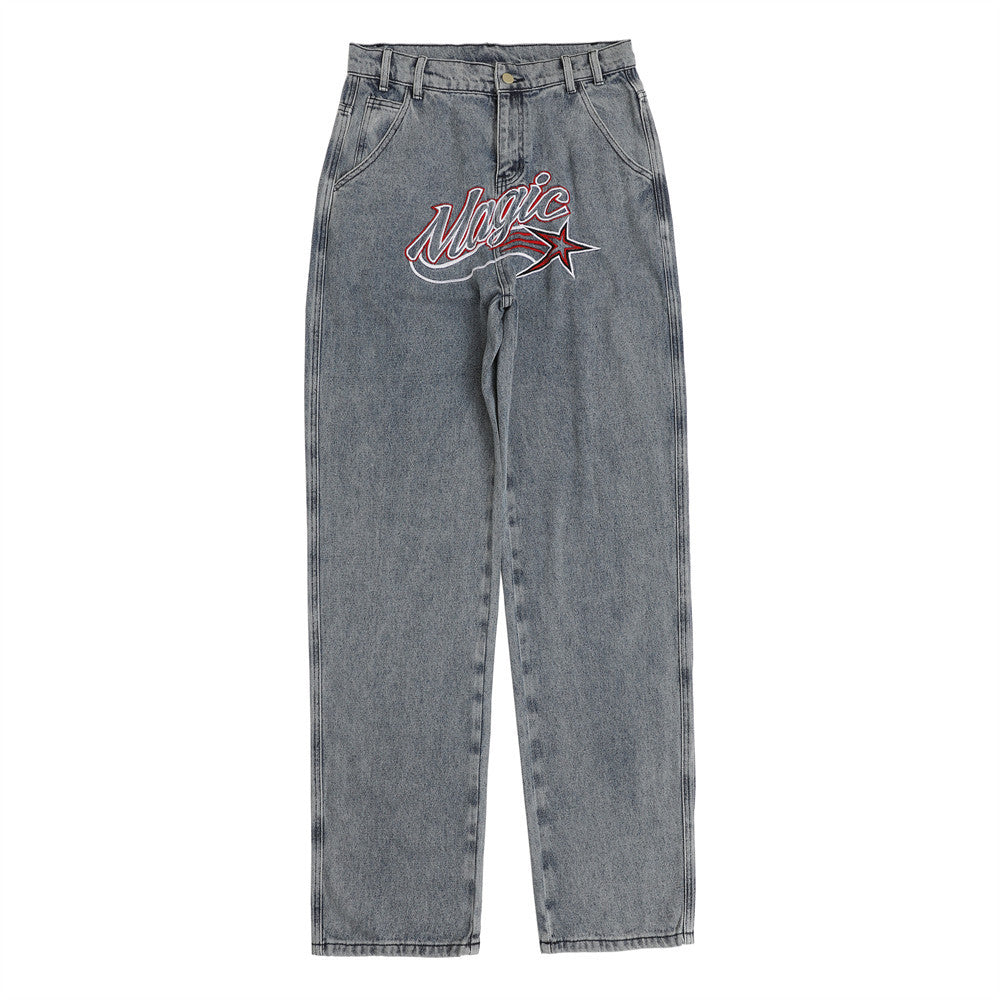 Men Jeans Embroidery Pants Loose Wide Leg Leisure