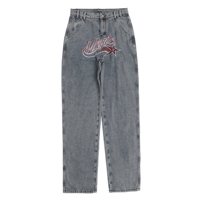 Men Jeans Embroidery Pants Loose Wide Leg Leisure