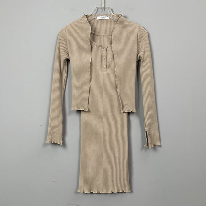 Women Dresses Square Collar Vest Camisole Cardigan Jacket Long-Sleeved V-neck Dress