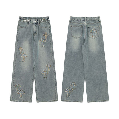 Men Jeans Cross Embroidered Washed Straight Jeans