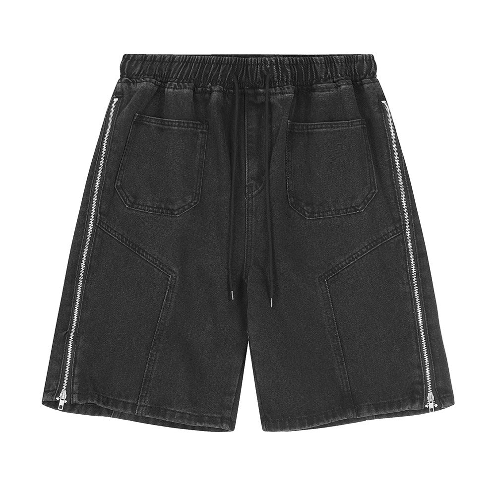 Men Shorts Side Zipper Stitching Denim Shorts Distressed
