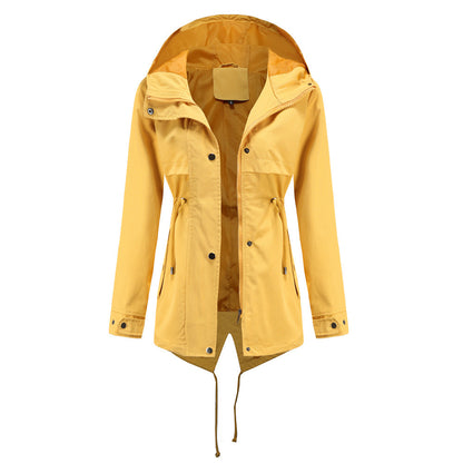 Women Trench Coat Mid-Length Hooded Jacket Long-Sleeved Raincoat