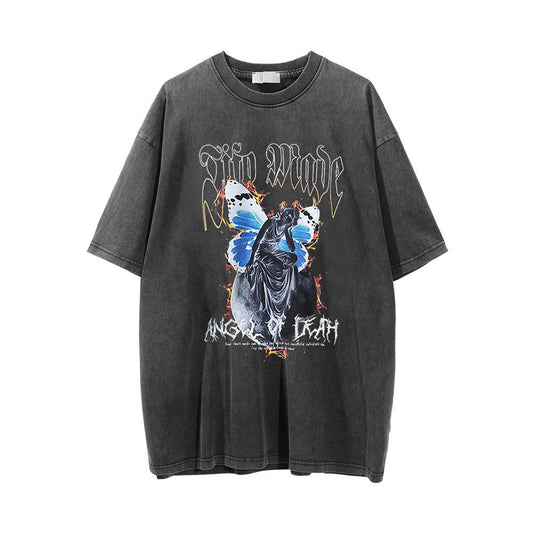Men Vintage T-Shirt Printed round Neck Short Sleeve T-shirt Men's Loose Casual Distressed Wash