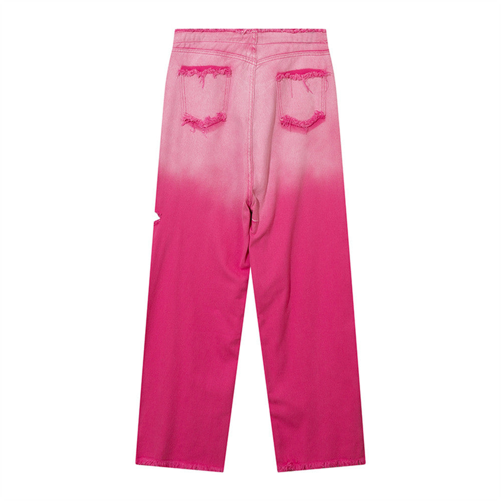 Women Pants Gradient Pink Ripped Jeans