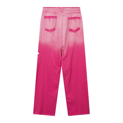 Women Pants Gradient Pink Ripped Jeans