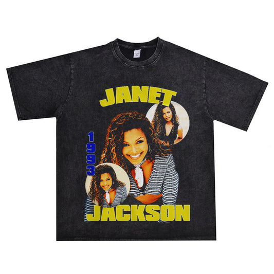 Rock Star T Shirt Jenny Jackson Janet Jack Washed Distressed T-shirt Short Sleeve Men and Women Loose