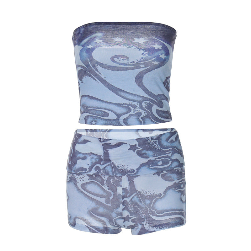 Women Co-Ord Set Sexy Midriff-Baring Top Skinny Sheath Shorts Two-Piece Set